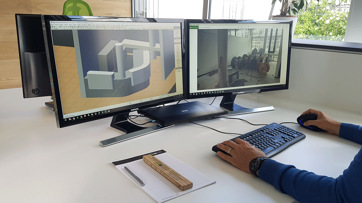 Mittels 3D-Visualisierung können wir Ihre Empfangstheke direkt im Kontext Ihrer Räumlichkeiten simulieren.