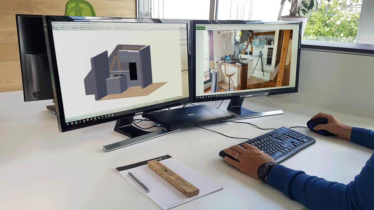 Mittels 3D-Visualisierung können wir Ihre individuelle Küche direkt im Kontext Ihrer Räumlichkeiten simulieren.