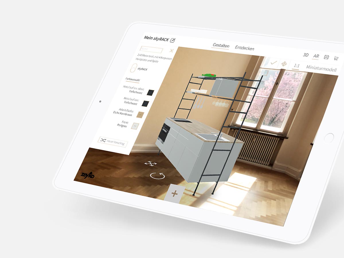 Mittels AR erlaubt die Konfigurator-App die virtuelle Positionierung ihres Küchenblocks im Raum