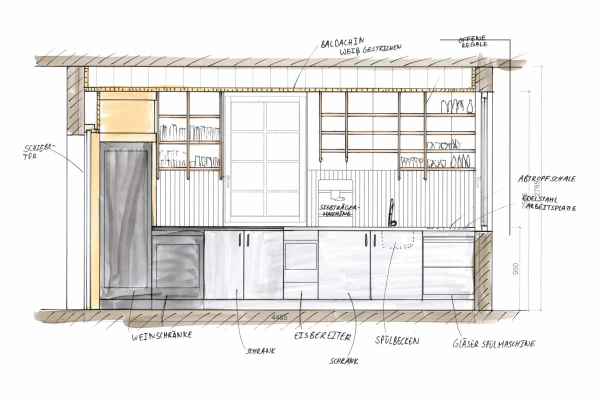 Zeichnung-Thekenrückschrank-Benders-Casual-Dining-Restaurant-im-Birkenfelder-Hof Entwurfszeichnung zur Thekenrückwand inklusive Geräteplanung