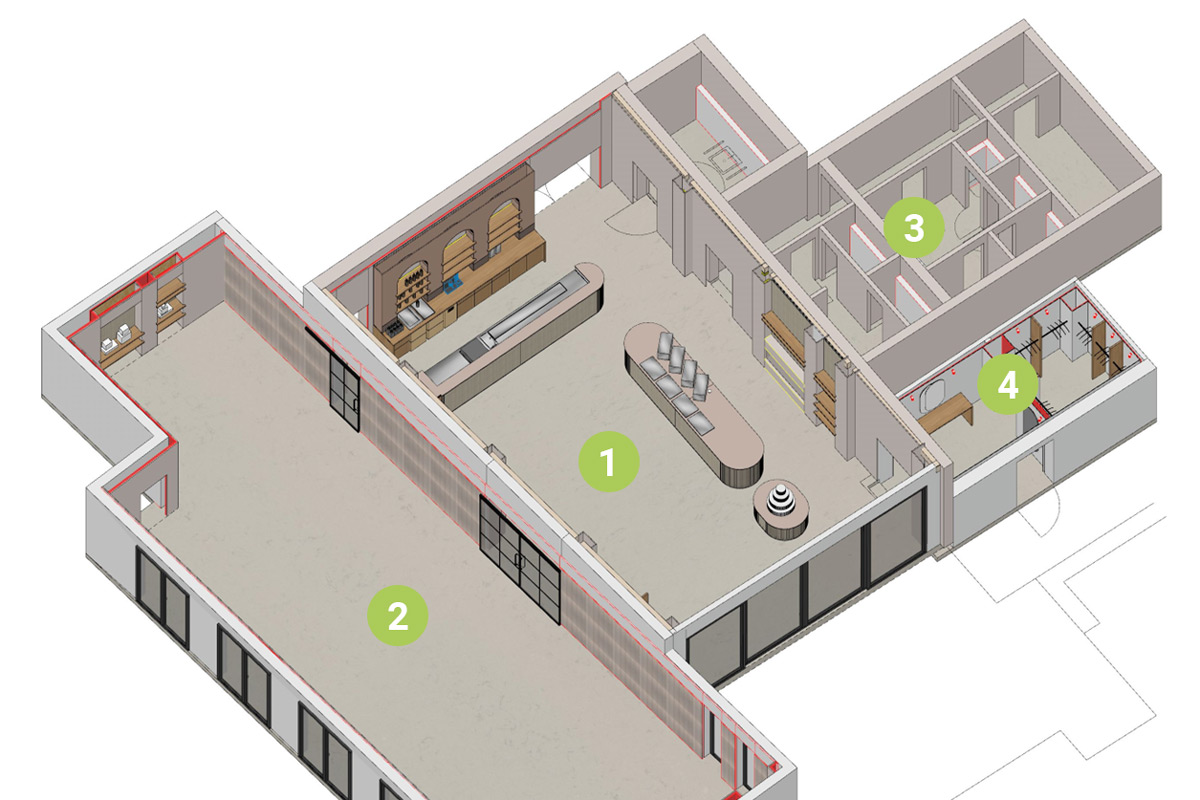 Übersicht-Eventlocation-Hotel-Lehn-Saulheim Entwurfszeichnung zur Thekenrückwand inklusive Geräteplanung